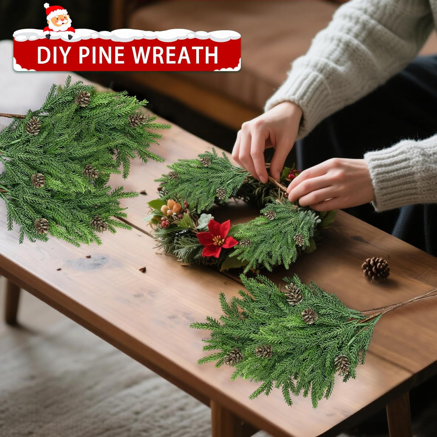 24 Pcs Realistic Pine Branches with Pinecones for Christmas Decor