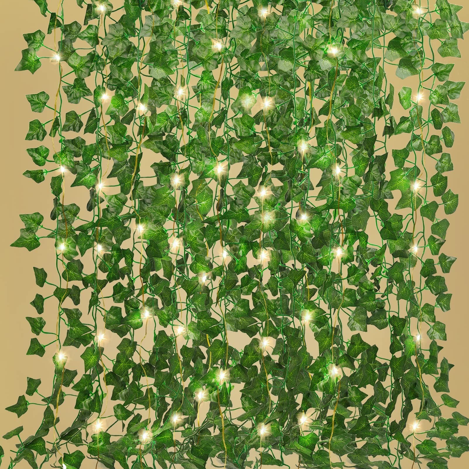 12 Pack Ivy Fake Vines 86 FT Artificial Plant with 100 LED String Lights for Roo