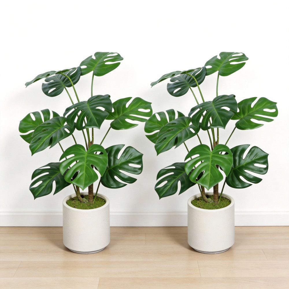 30 Inch Artificial Monstera Deliciosa Plant with White Pot 2 Piece Set Indoor