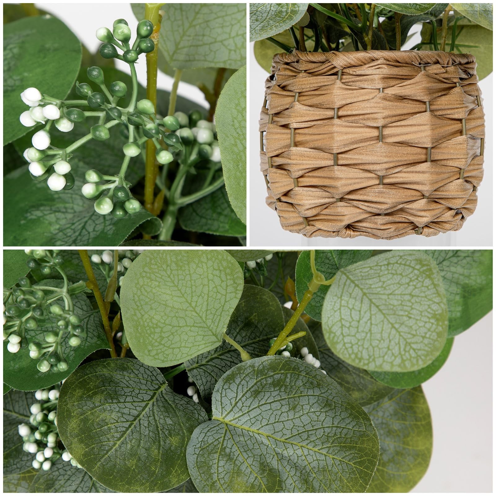 New DILATATA Artificial Eucalyptus Stems in Woven Basket Planter, 12″ Fake Plant
