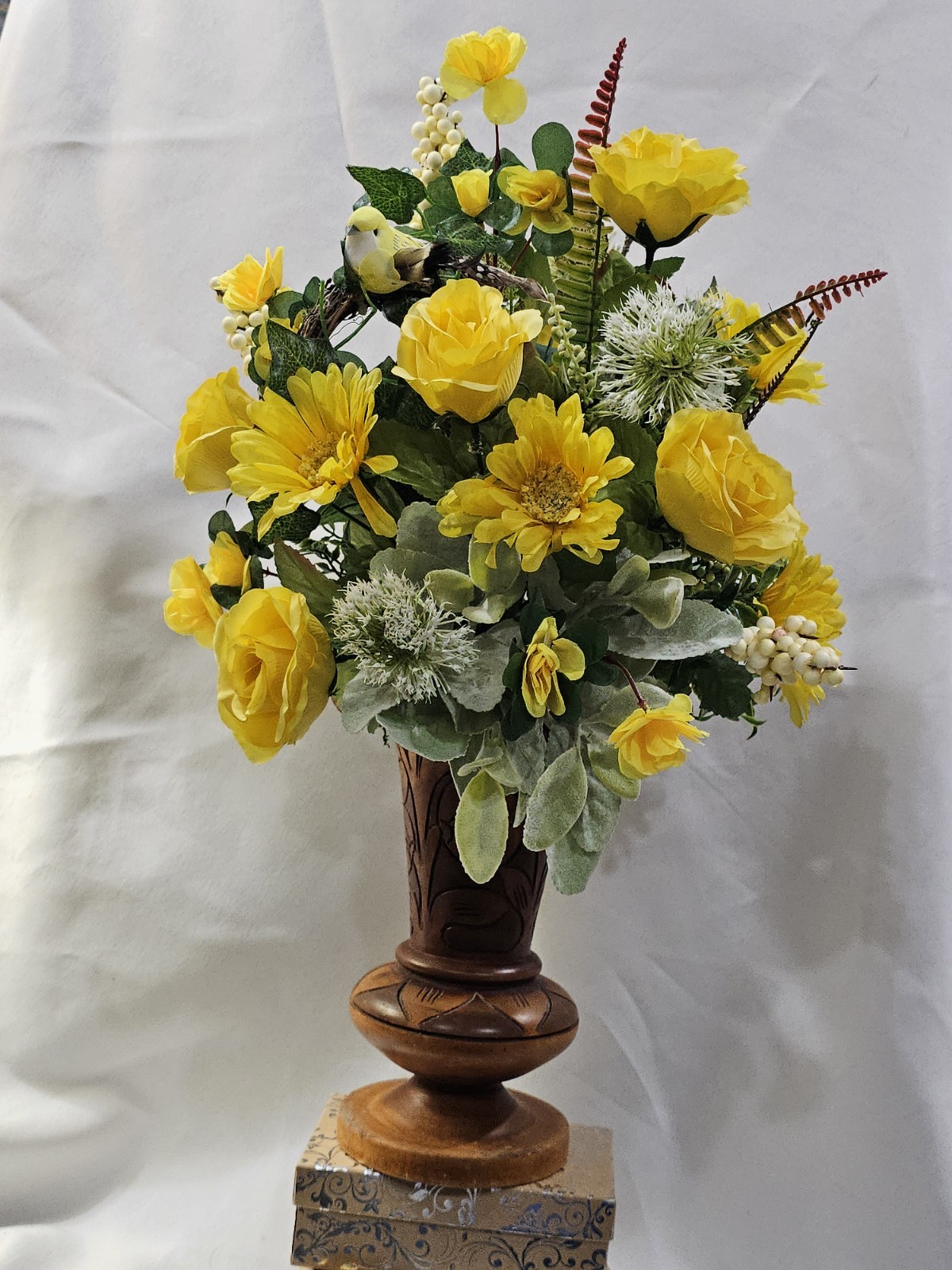 Beautiful Yellow Rose Floral Arrangement in unique handcarved Vase 22″ H x14″ W