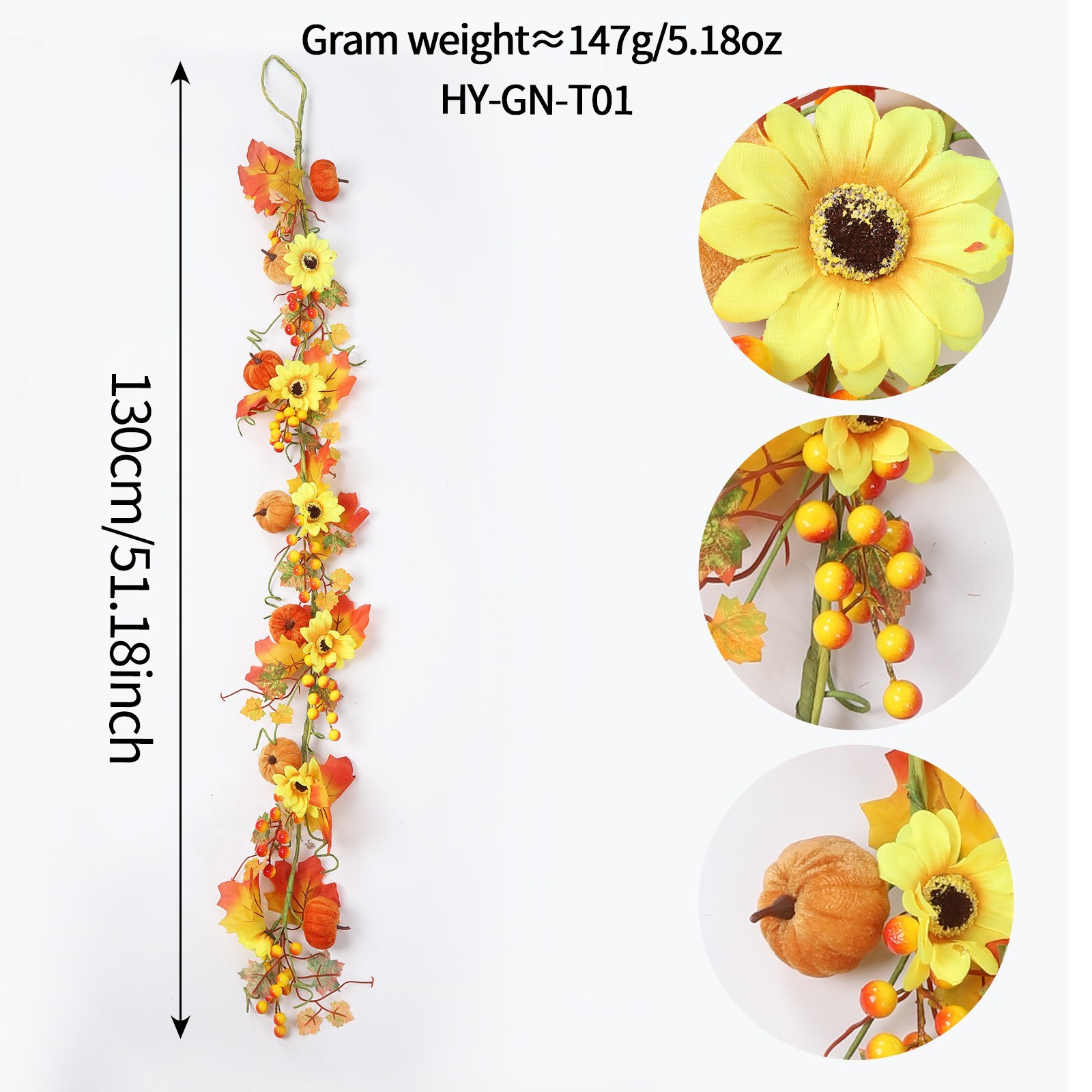 51.18 Inch Decorative Sunflower Pumpkin Garland for Indoor Autumn Display