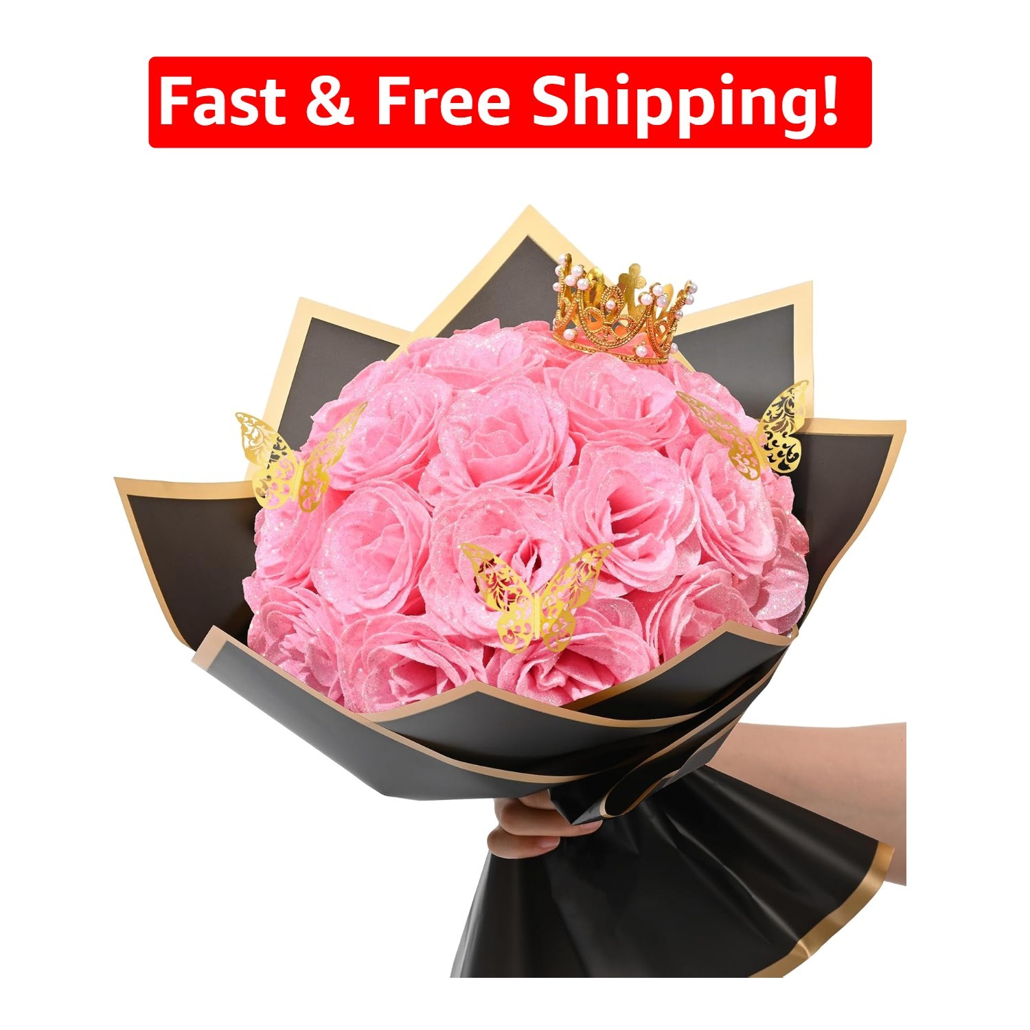 Handcrafted 24 Pcs Pink Glitter Roses Bouquet – Perfect for Love & Memories