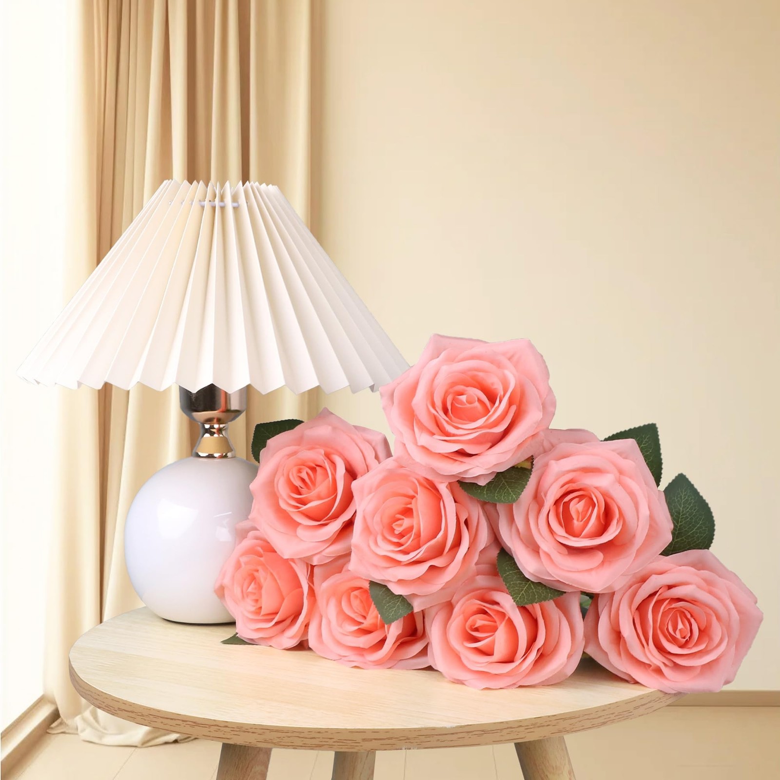 NEVISI 50Pcs Coral Peach Silk Roses with Stems Artificial Flowers