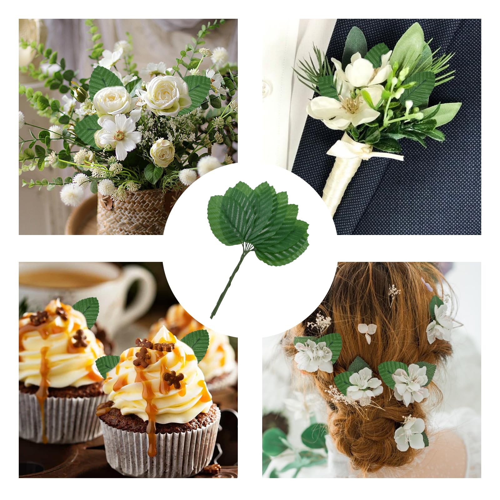 50 Pcs Artificial Silk Leaf Green Fabric Floral Fake Wire Craft Faux Flower