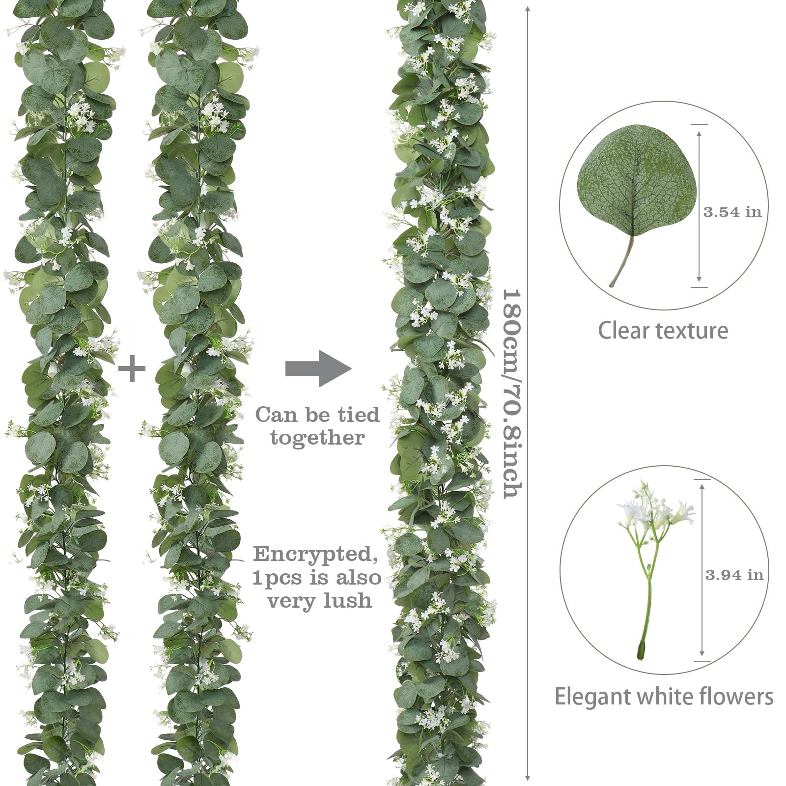 Eucalyptus Garland with White Flowers, 4 Packs 5.9Ft Artificial Silver Dollar…