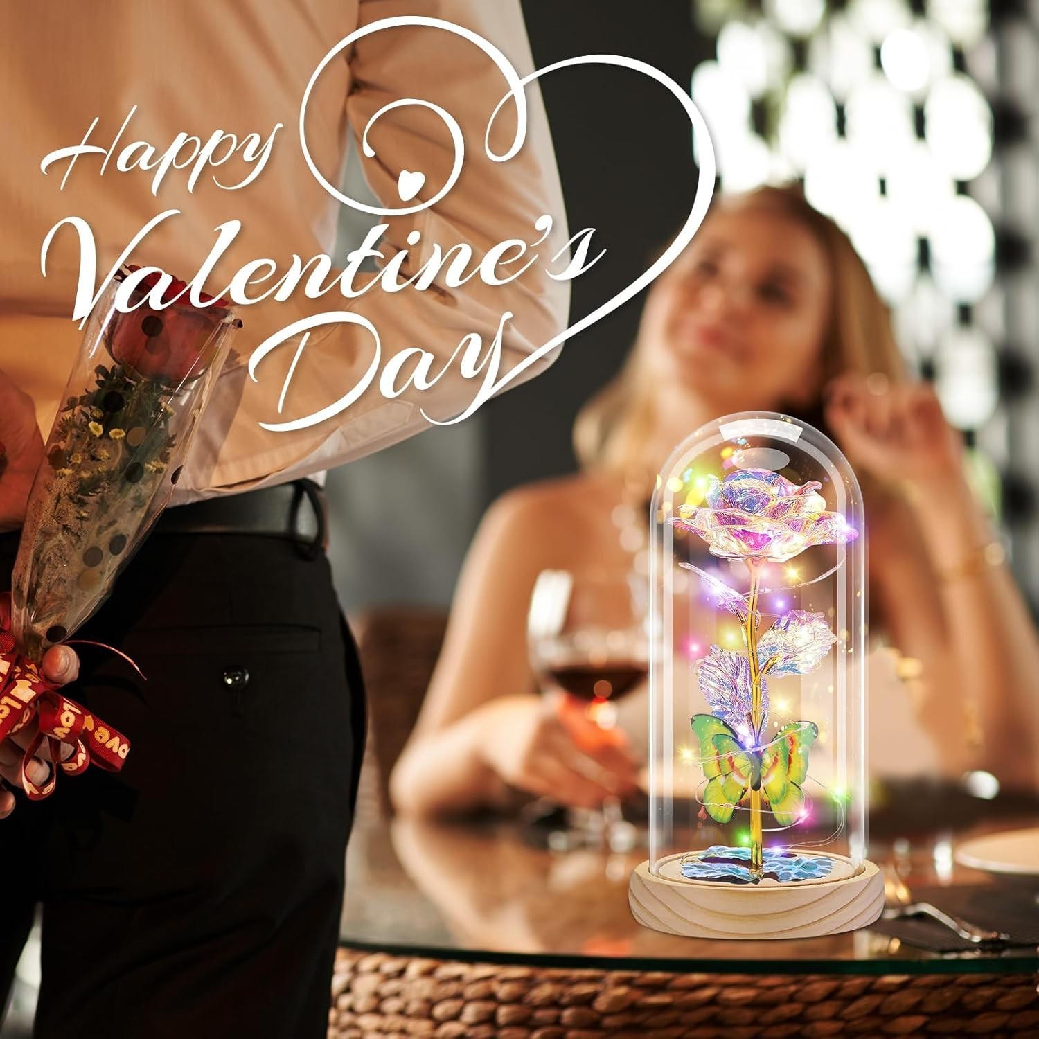 Preserved Rose Under Glass Dome with Butterfly and LED Lights – Home Decor