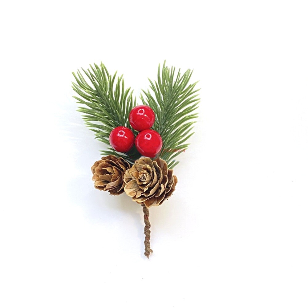 10Pcs Christmas Artificial Pine Branches with Leaves Red Holly Berries Craft DIY