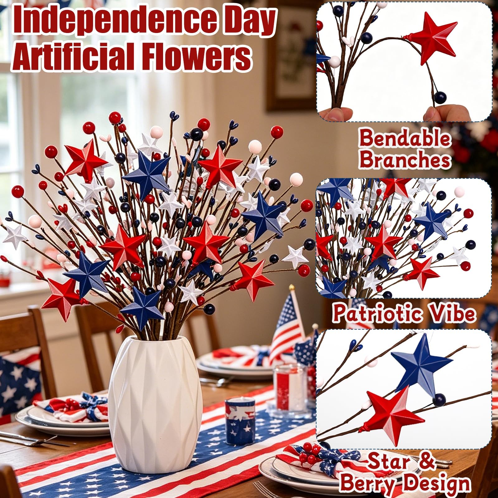 4 Pcs 4th of July Patriotic Artificial Stem Picks Red White Blue Stars and 6 …