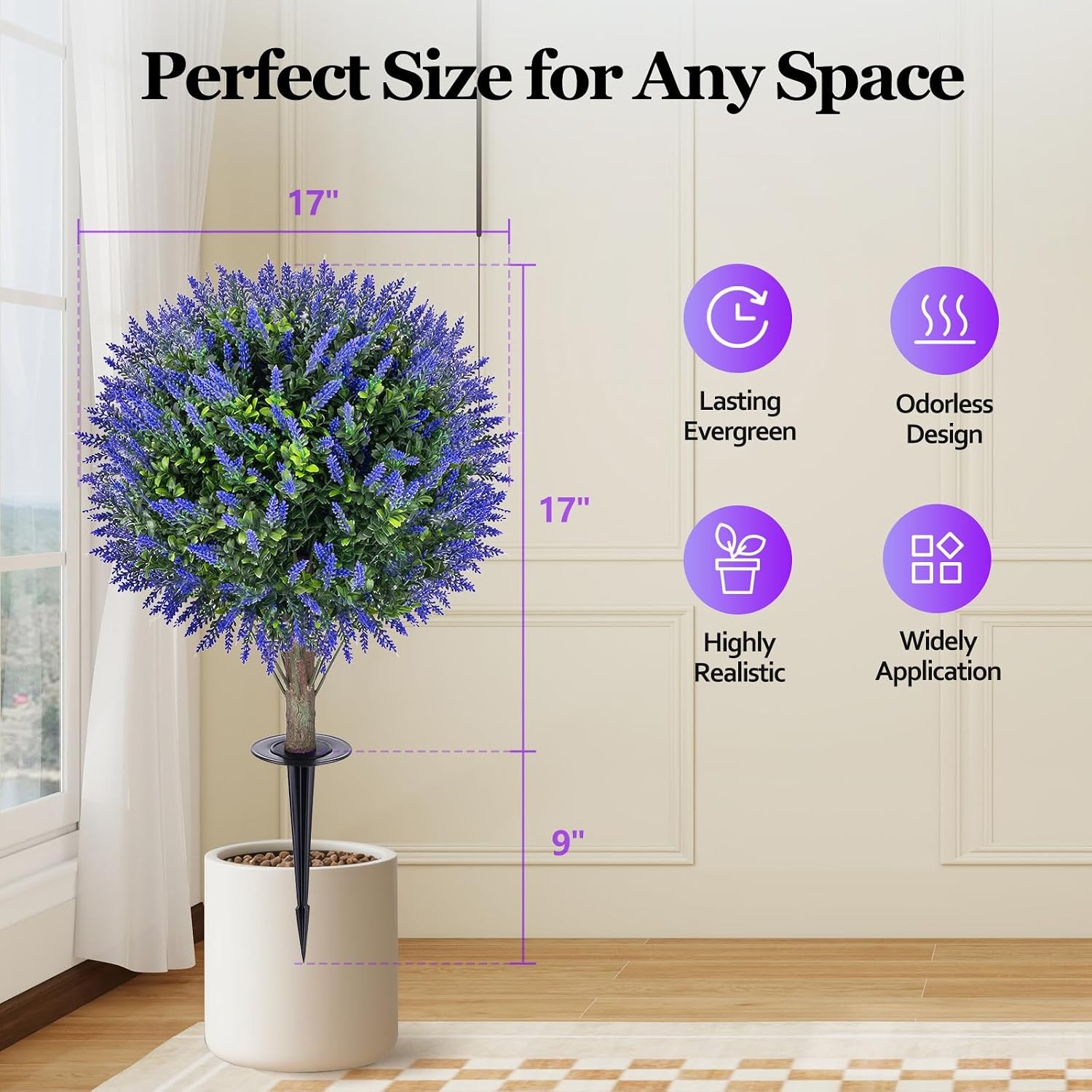 2PC Artificial Lavender Topiary Ball Tree 26″ with Ground Spikes UV Resistant