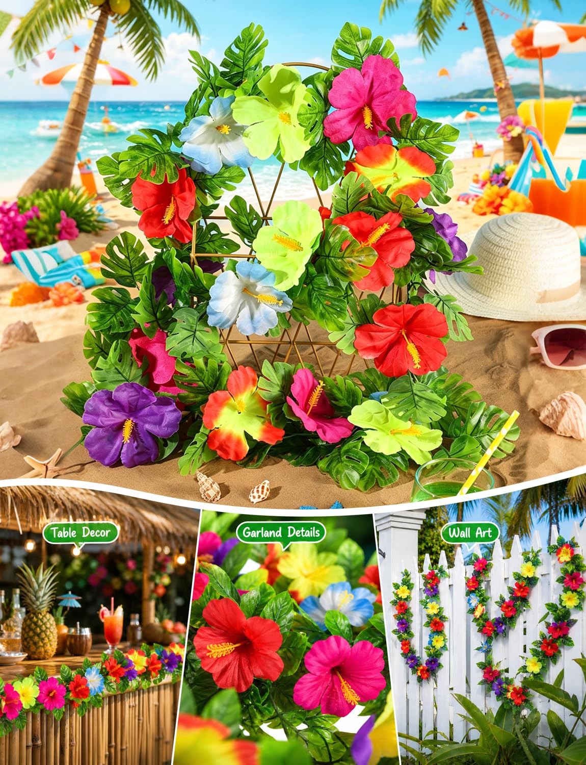 2 Pcs Tropical Hibiscus Flower Garland, 7 FT Artificial Monstera Ivy Leaf Vin…