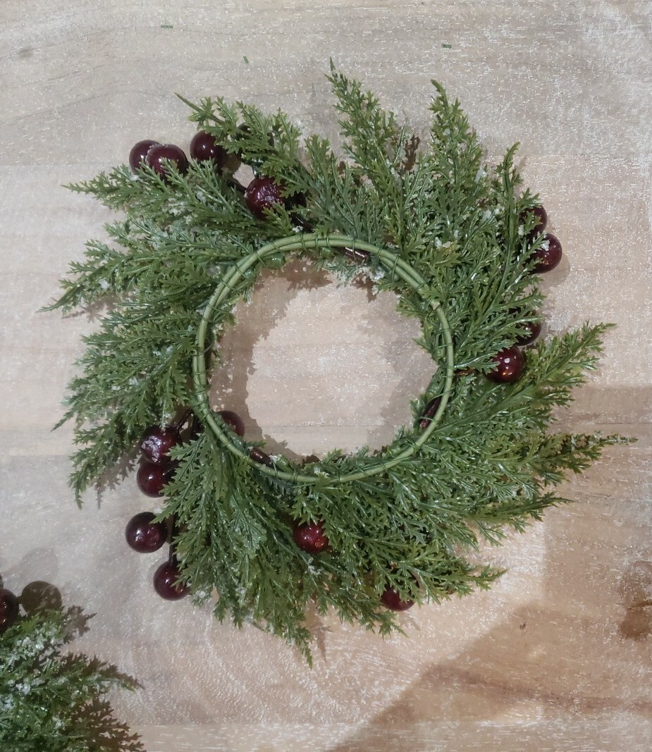 PAIR Farmhouse Primitive FROSTED CRANBERRY CEDAR PINE CANDLE RING 3″ CENTERS