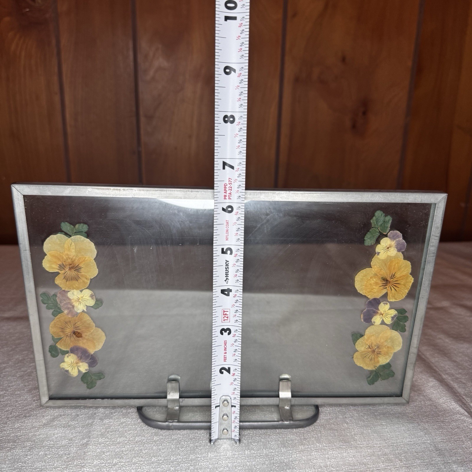 Vintage Pressed Pansy Flower Art Glass Panel Metal Stand Botanical Decor