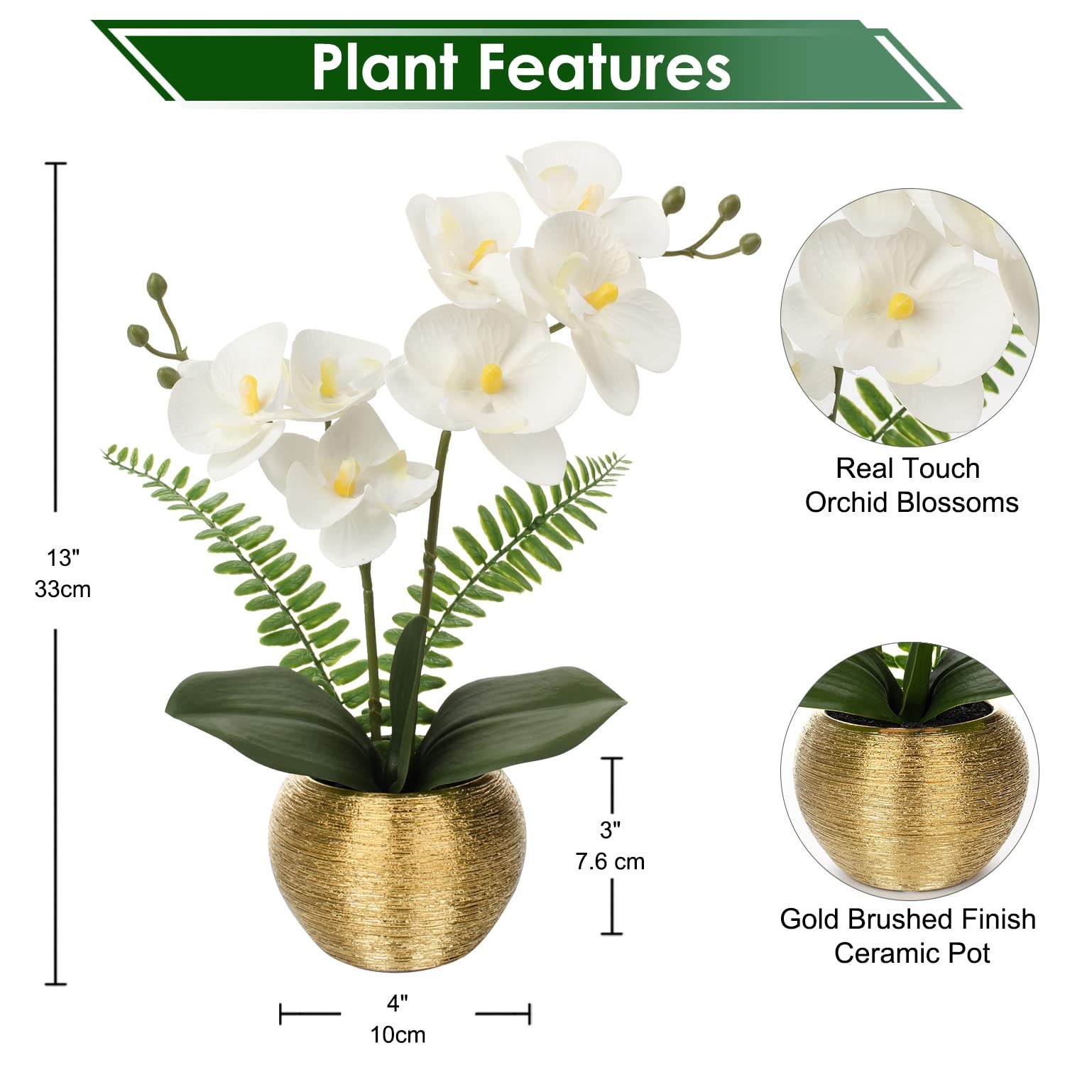 Orchids Artificial Flowers 13 Inch Fake Gold Ceramic Vase Silk Phalaenopsis