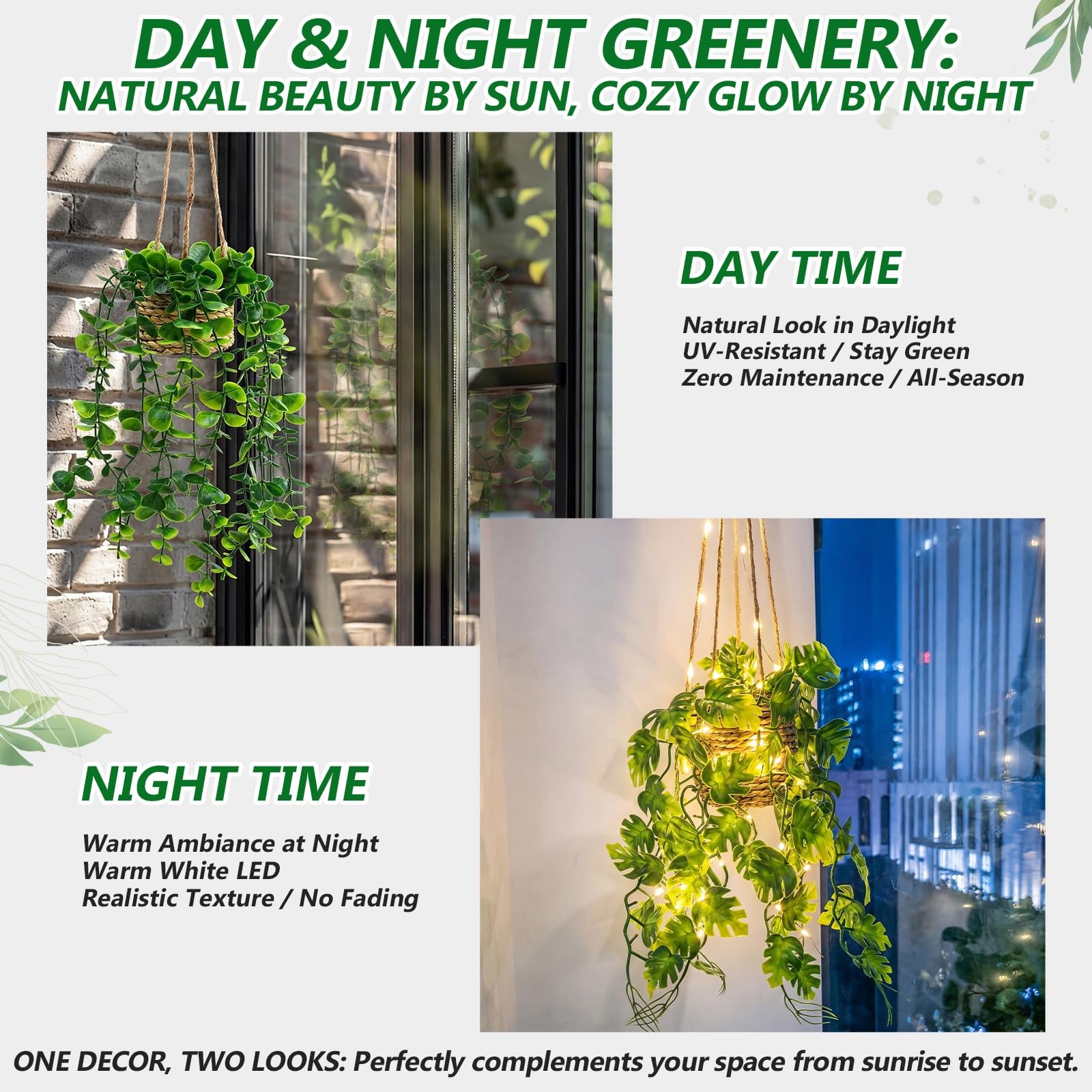 4 Set Mini Fake Hanging Plants in Basket with Lights Artificial Hanging Vines…