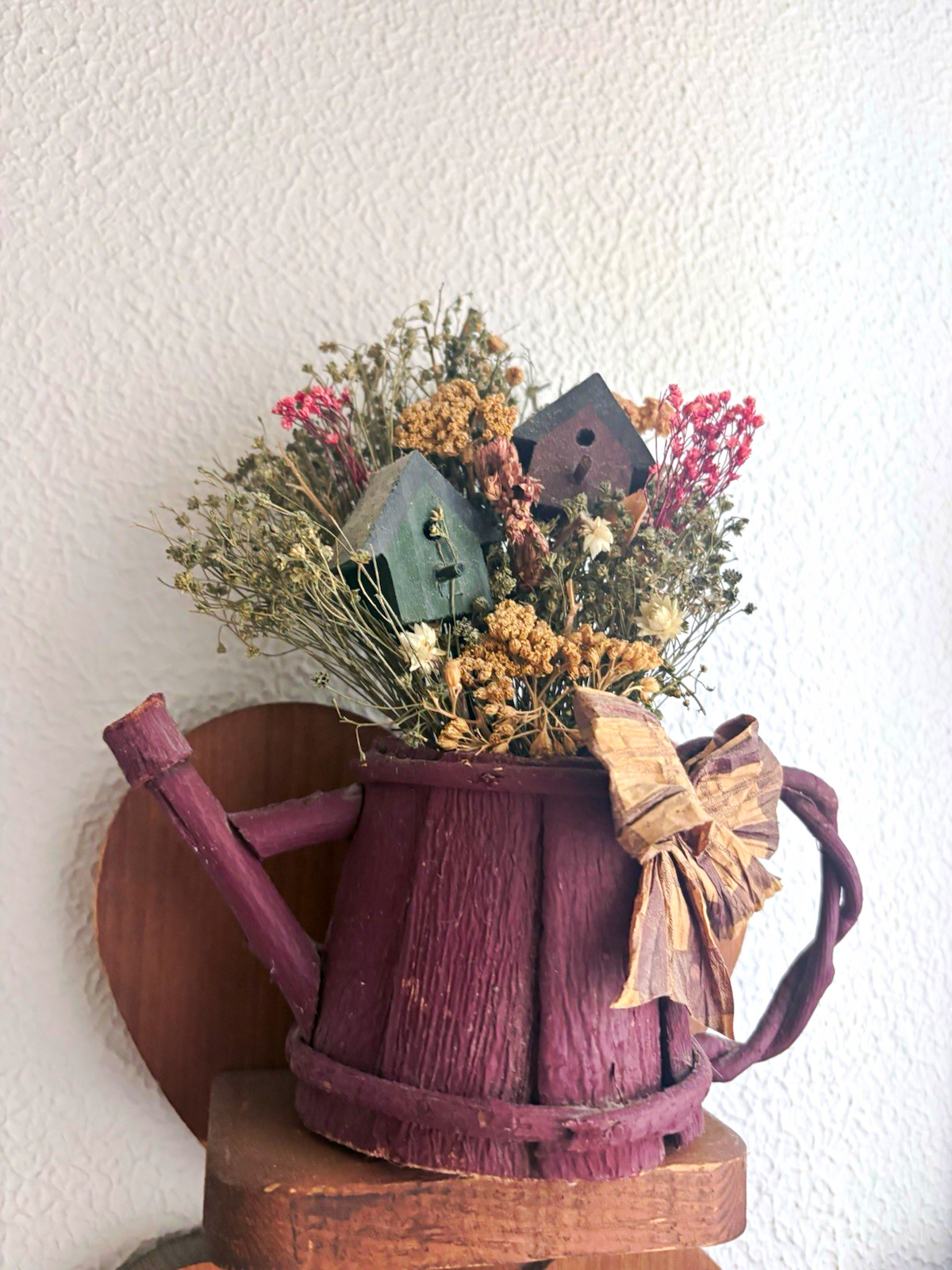 Dried Flowers Purple Wooden Watering Can Wall Decor Floral Arrangement Beige