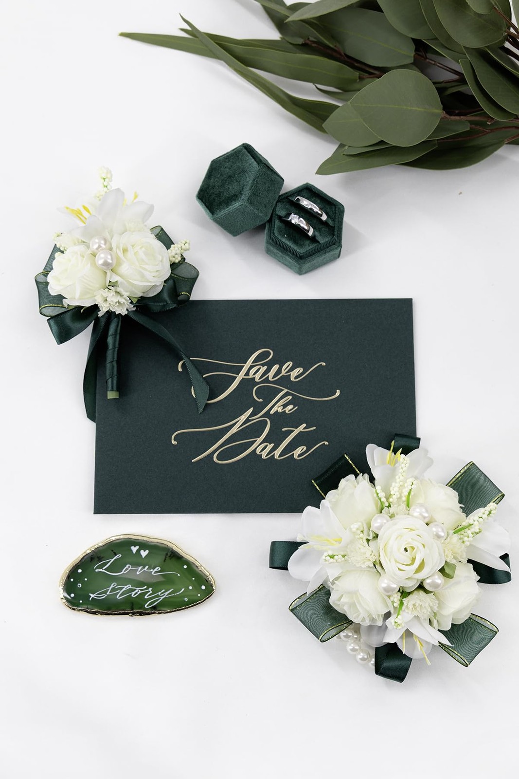 White Rose Corsage and Boutonniere Set, Prom Flower Wrist Corsage Wristlet Ba…