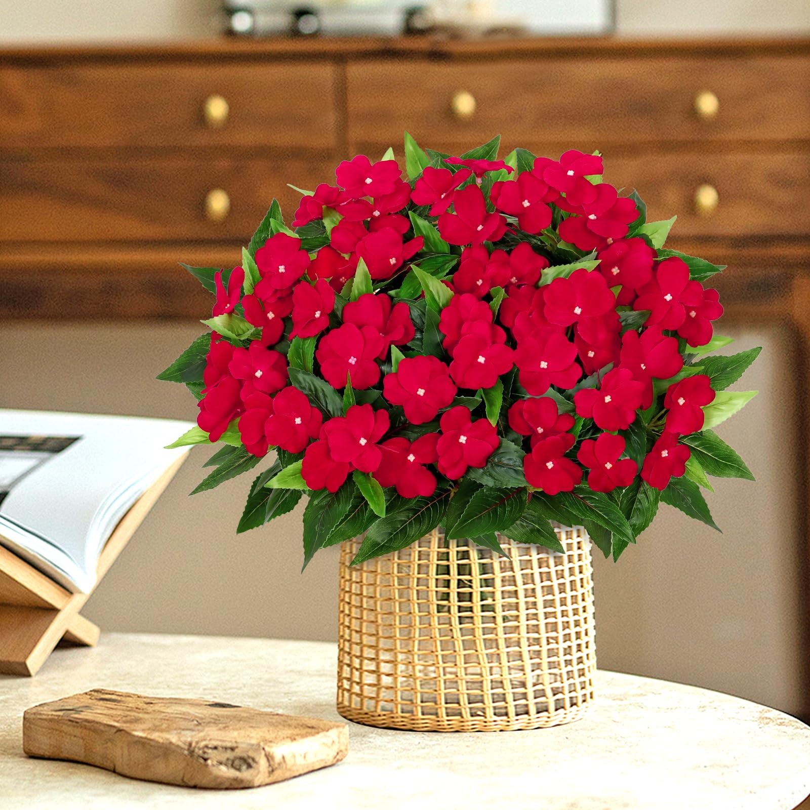 KHOYIME Artificial Flowers for Outdoors 3PCS Red Fake Impatiens Flower Bouque…