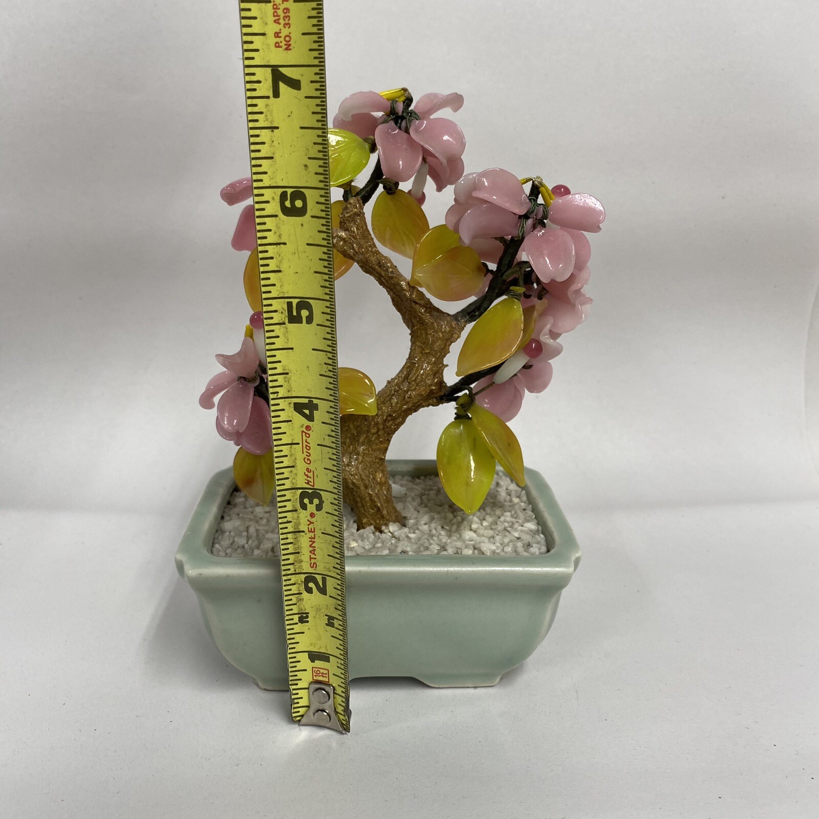Glass Bonsai Tree Pink Flowers Artificial Plant Oriental Home Decor Vtg
