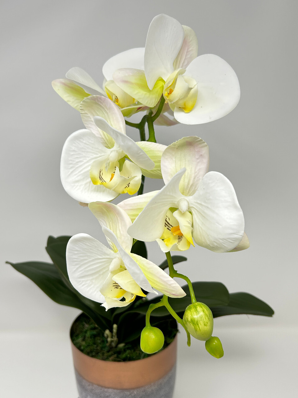 17″ Lg WHITE Phalaenopsis ORCHID silk flower plant, 5″ Copper Metal Planter
