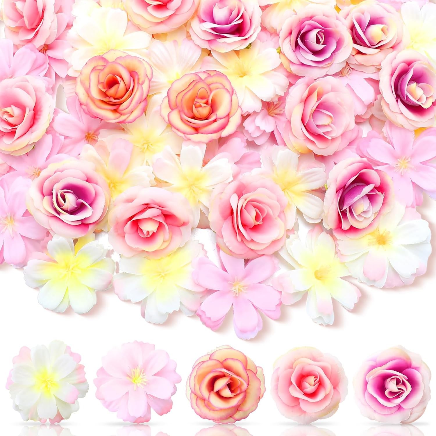 80 Pcs Faux Flower Heads Mini Artificial Flower Heads Fake Peony Daisy Rose Plum