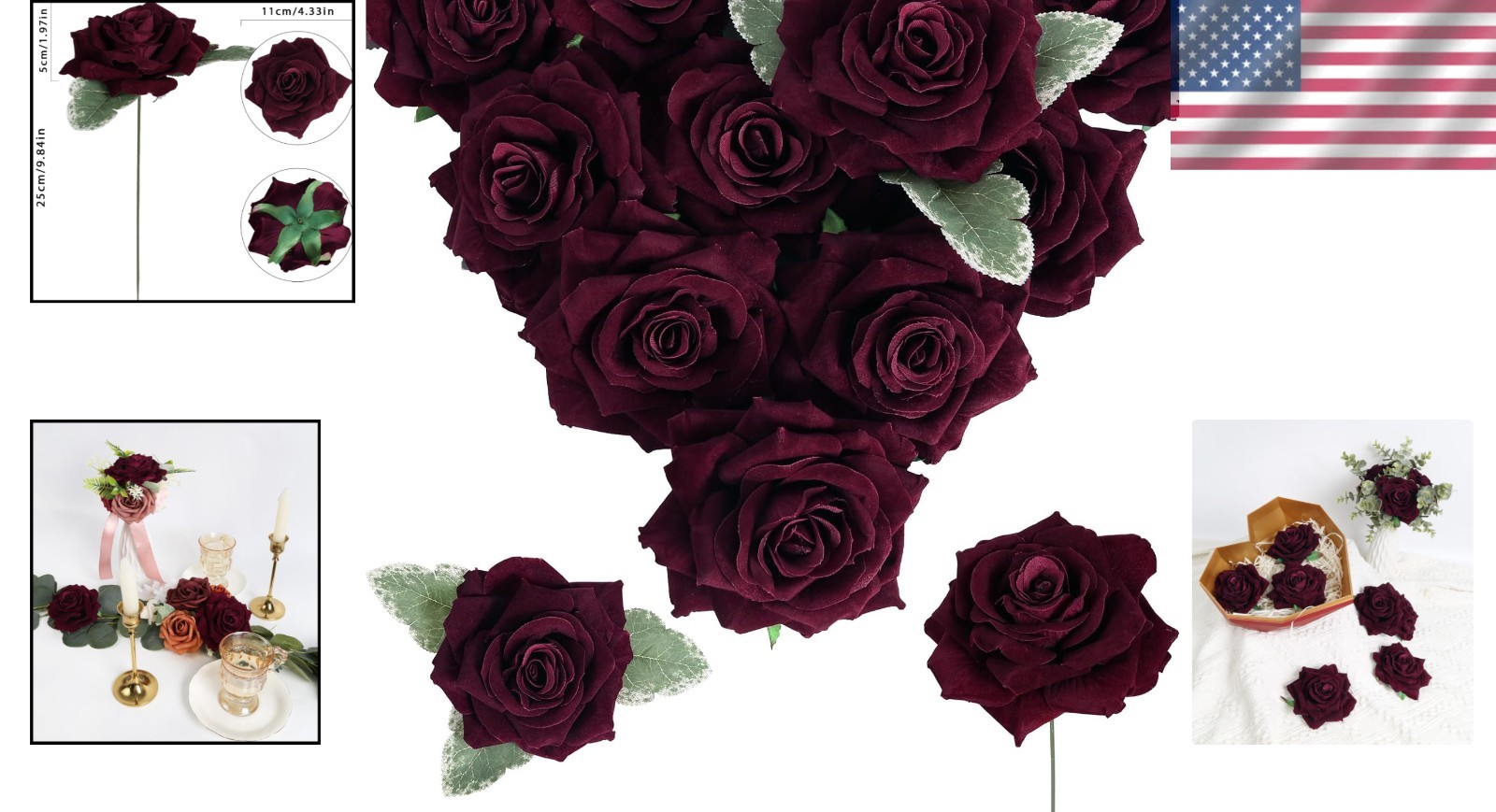 Lifelike Burgundy Roses 16pcs 4.3 Inches for Floral Arrangements Indoor Outdoor
