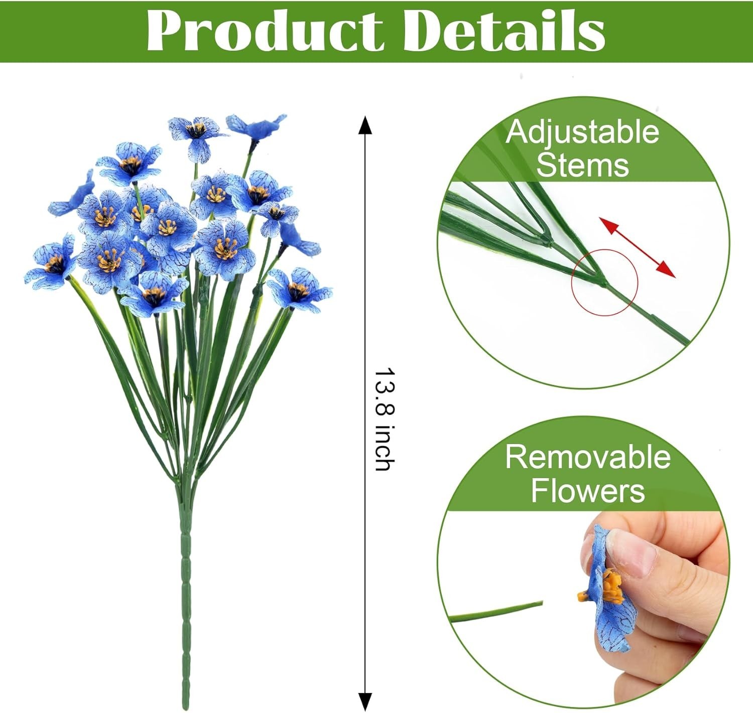 24 Bundles Artificial Flowers for Outdoors Decorations, Blue | UV resistant,Blue
