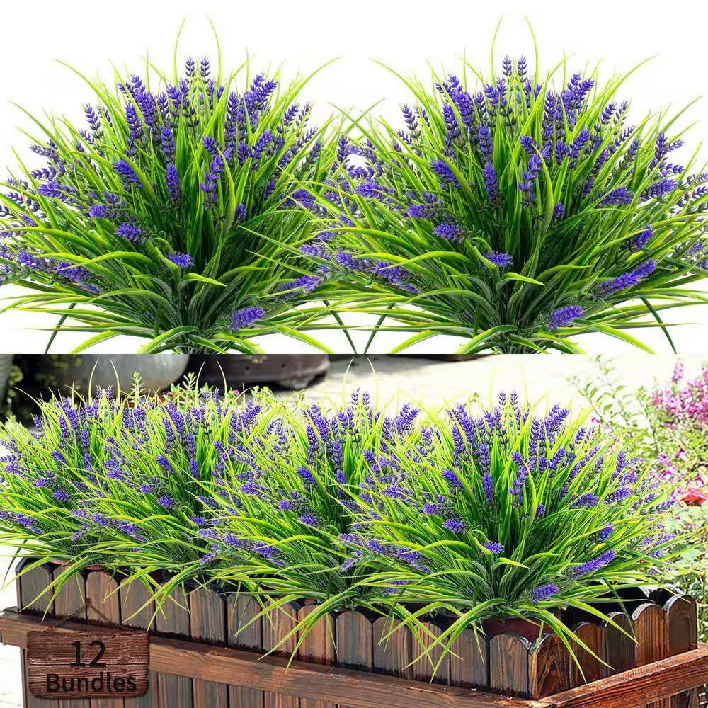 12 Bundles Artificial Plants UV Resistant Faux Plastic Plant Decor, 18 In. Purpl