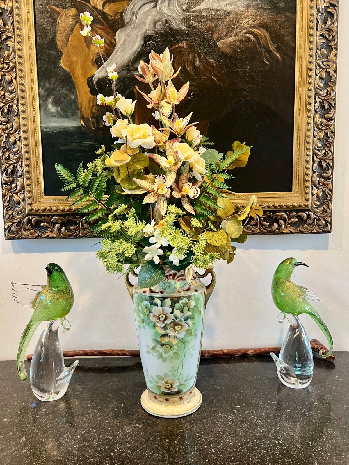 Silk Faux Floral Arrangement In Vintage Nippon Vase Gold – Celedon hand painted
