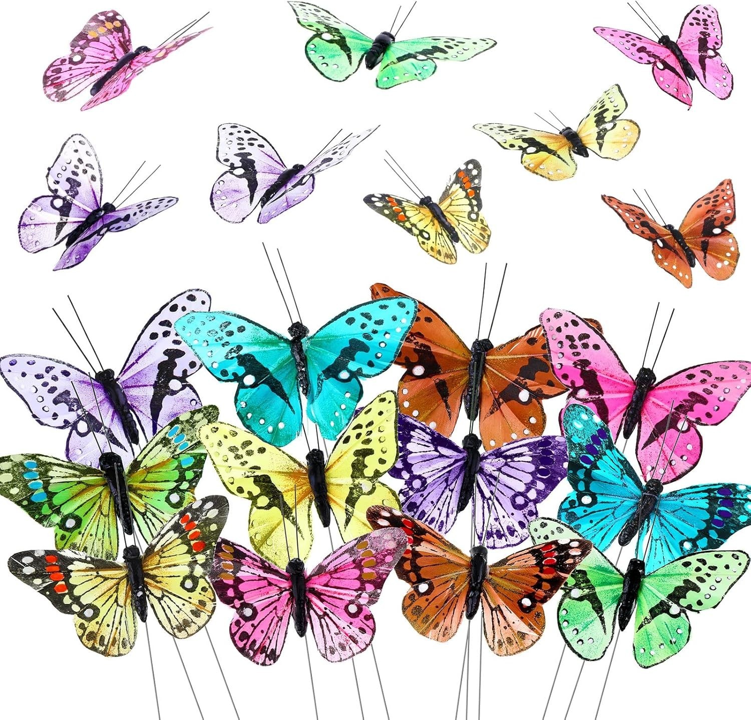 -Feather Fake Butterfly for Craft Decoration Set of 12 with Wire Wedding Home Fl