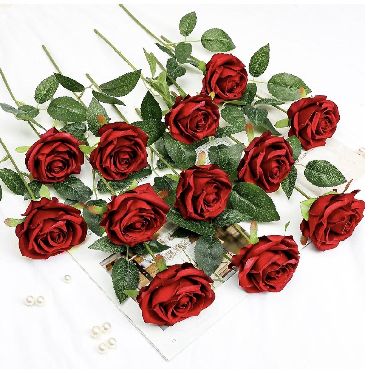 48pcs Red Roses Artificial Flowers,Realistic Long Stem Fake Silk Roses Bouquet