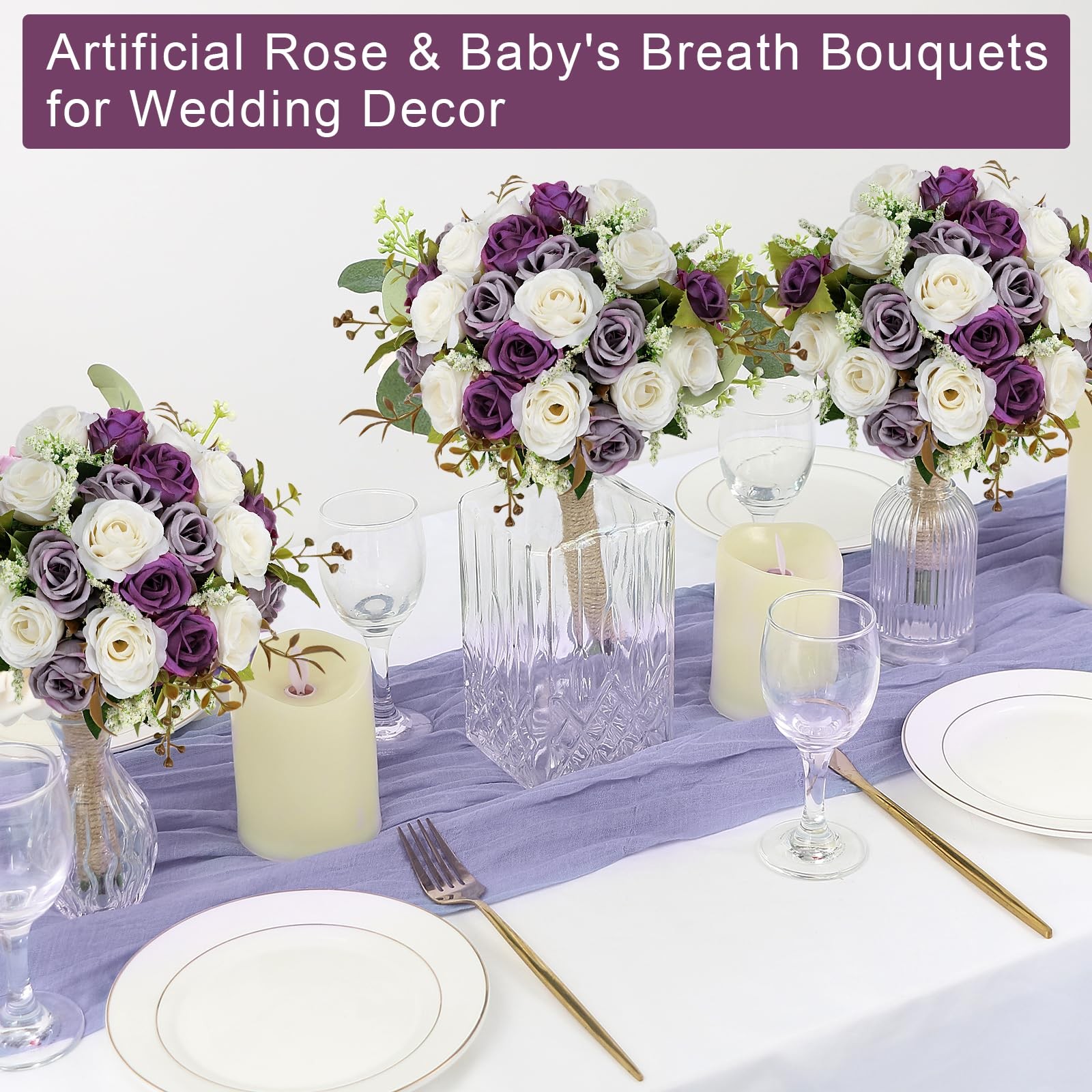 Set of 4 Bridesmaid Bouquets for Wedding – 7 Inch Artificial Ivory Flower Bou…