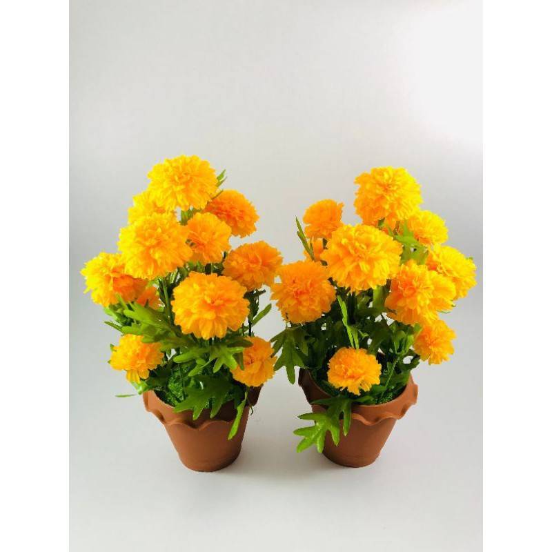 Pair Marigolds Flower Artifical Tree Set Pot Decor Home Yellow Color Floral Day