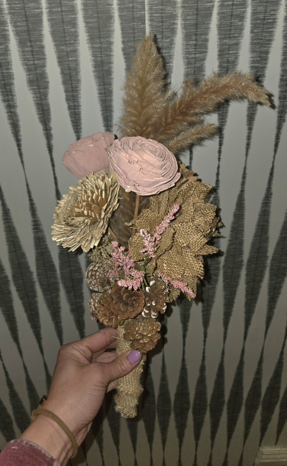 Boho Dried Floral Bouquet Rustic Burlap & Pampas Sola Wood Flowers Home Decor