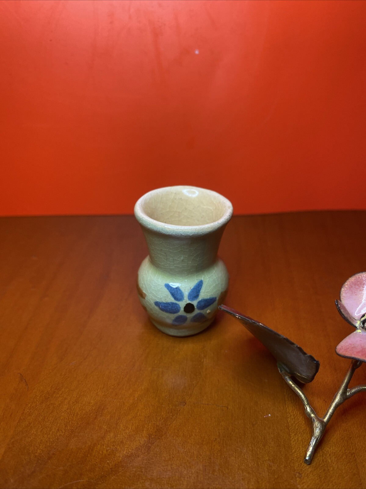 Mini Enamel & Metal Floral Arrangement in Glazed Planter