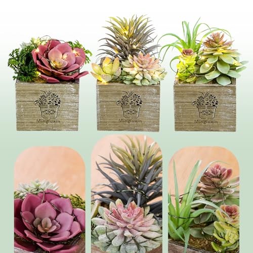 Small Fake Plants, 3 Packs Mini Succulent Plants Artificial with Morning Mist