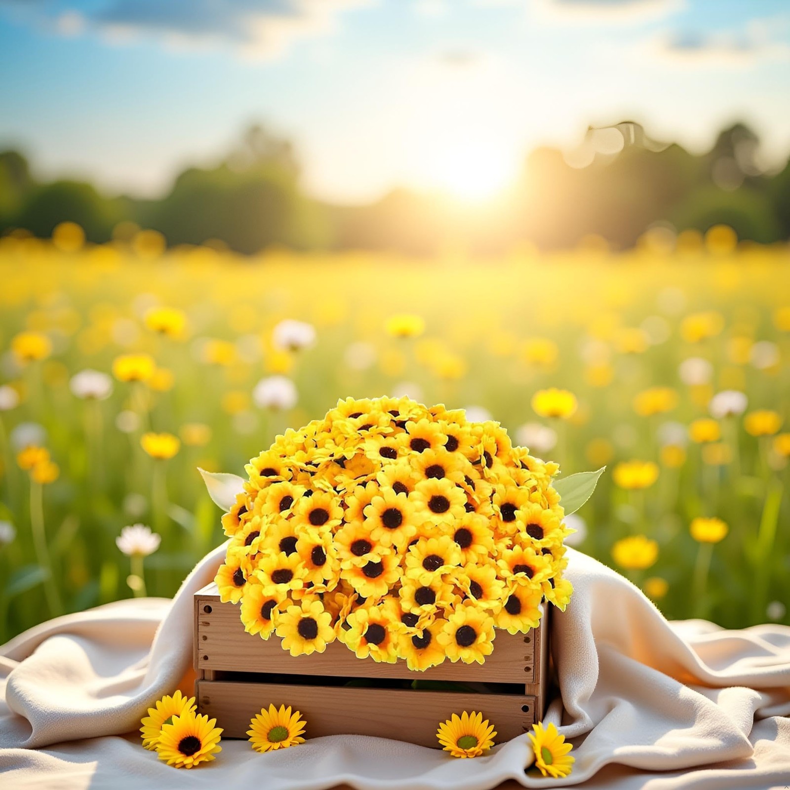 100Pcs Yellow Artificial Flower Heads Mini Fake Sunflower Decorative Fabric F…