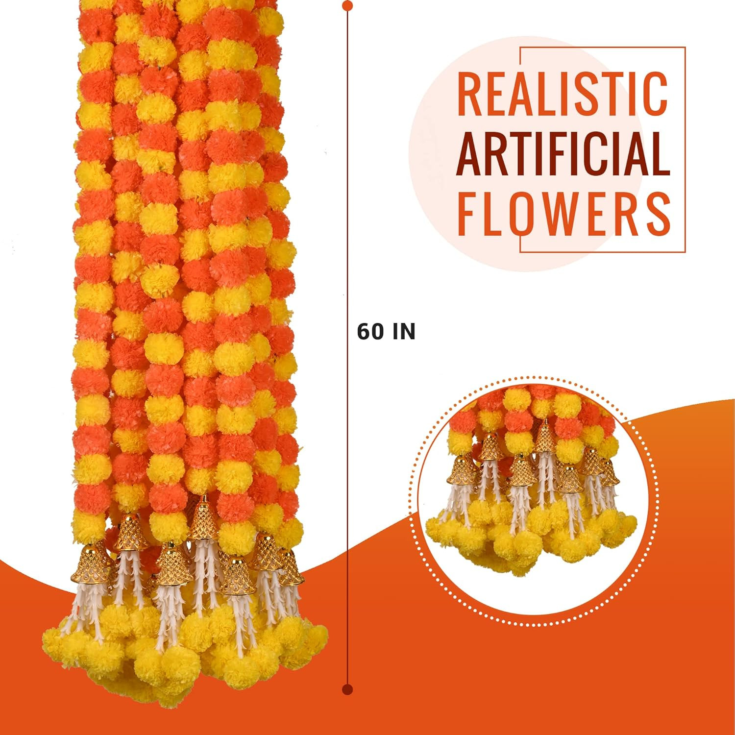 Artificial Marigold Garland 5 Pcs 5ft Strands with Bell Orange Yellow Decor