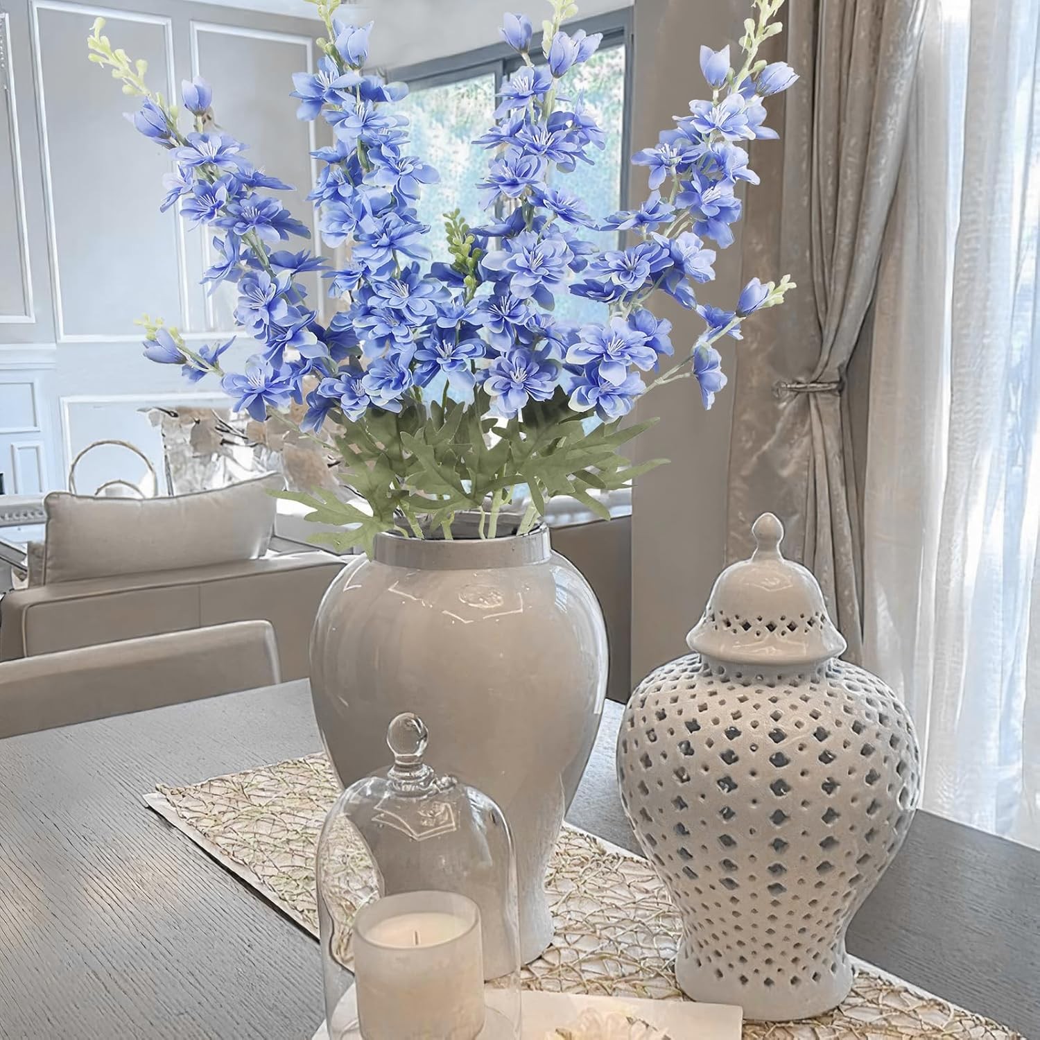 4PCS Blue Delphinium Artificial Silk Flowers 33.5″ Long Stem for Home & Wedding