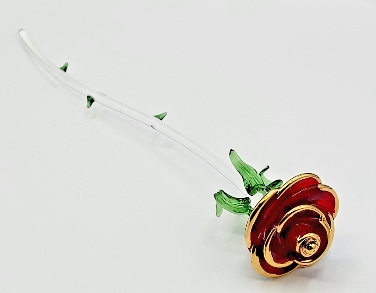 Art Glass Long 11.5″ Single Red Rose w Gold Trim Petals Clear Stem Green Thorns