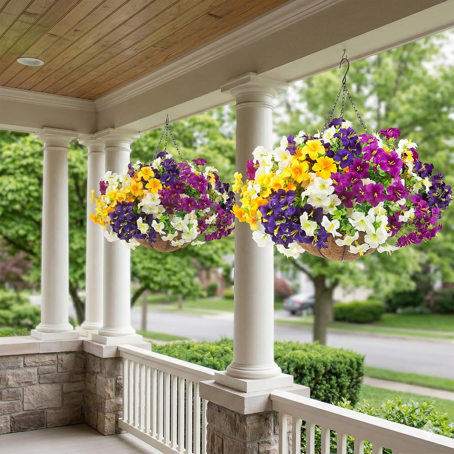 2 Set Artificial Outdoor Flowers with Hanging Baskets,24 Pcs UV Resistant Faux P