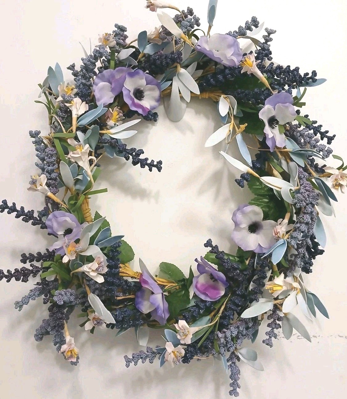 Spring Lavender Door Wreath 16″ Purple Flowers Morning Glory Grannycore Boho Vtg