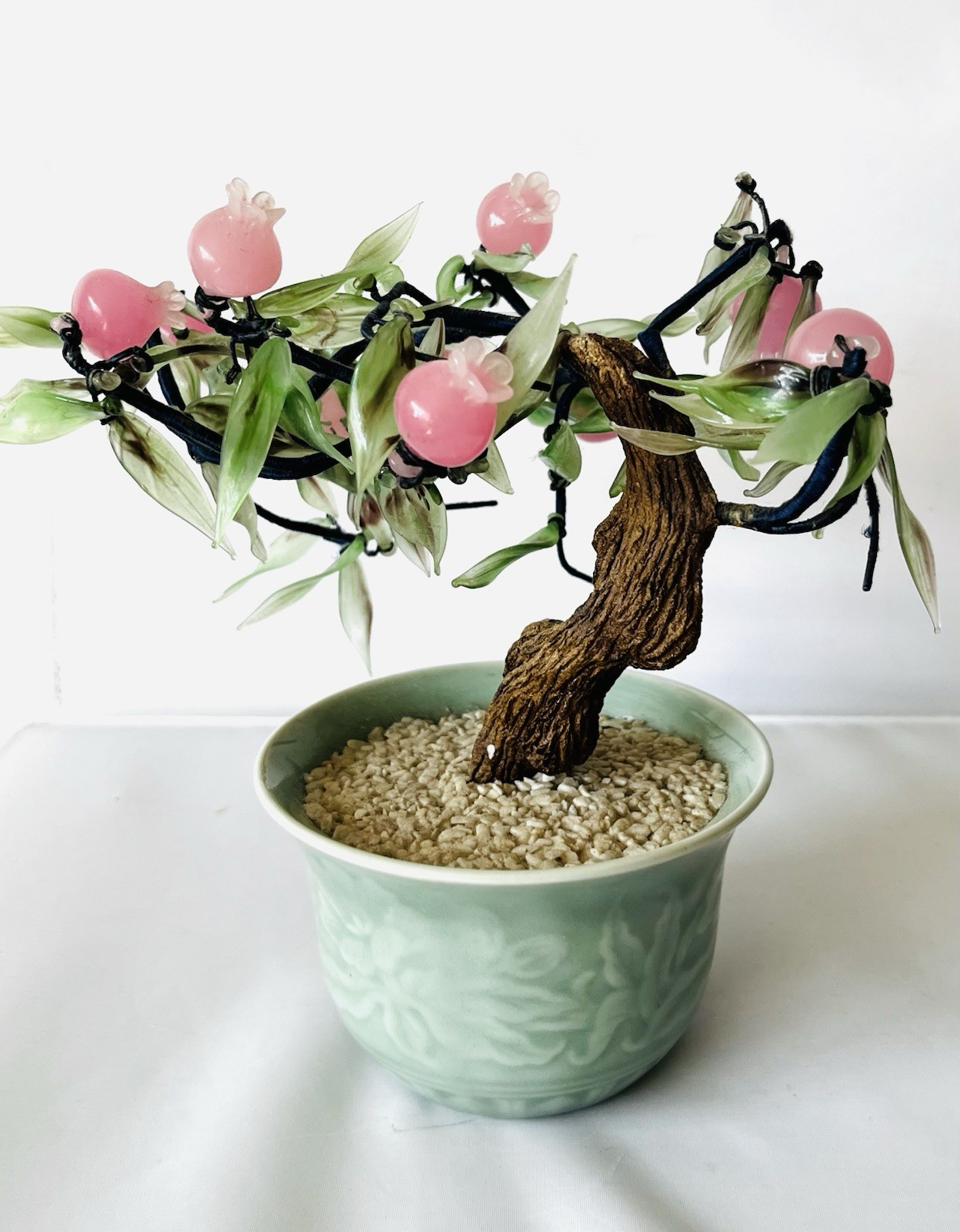 Vintage Pink Cherry Blossom Flower Plastic Bonsai Tree Celadon Planter