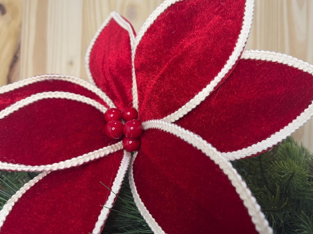Red Velvet Natural Trim Edge Christmas Poinsettia Stem Flower Accent 24 inches