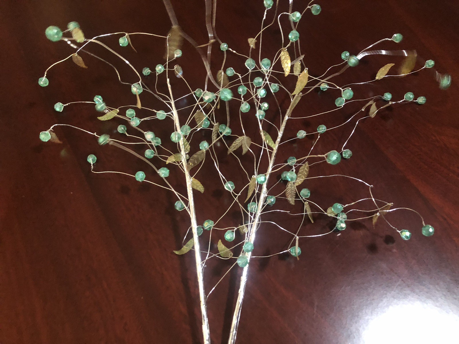 Set of 2 UNIQUE AQUA BEADED IRIDESCENT LEAVES WIRED SPRAY STEM VASE DECORATION