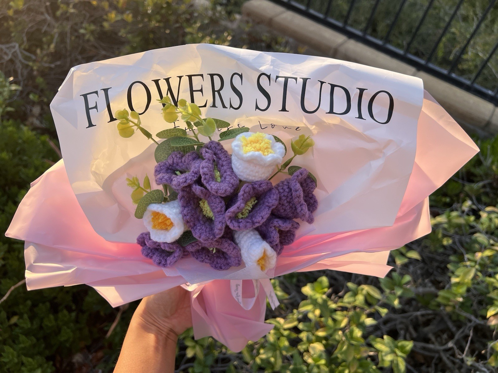 Handmade Crochet Purple Flower Bouquet with White Blooms – Elegant Gift