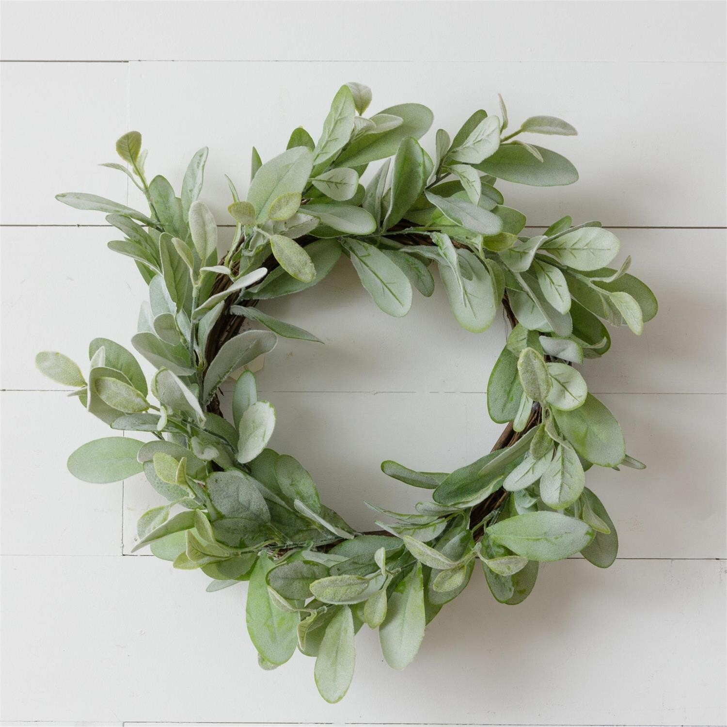 New Cottage Farmhouse SAGE GREEN LAMBS EAR WREATH Grapevine Base 19″