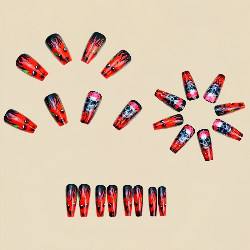 Halloween Red Skull Floral Fake Nail Festive Fake Nail Red Rose Pattern