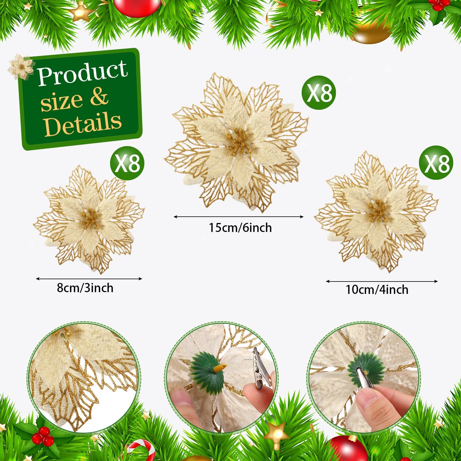 24 Pieces Happy New Year Glitter Poinsettia Flowers Layered Artificial Flower…