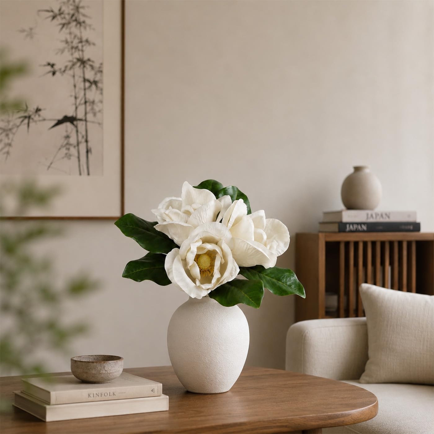 3 Stems Faux Magnolia Flowers, Magnolia Fake Flowers, Real Touch Creamy White…